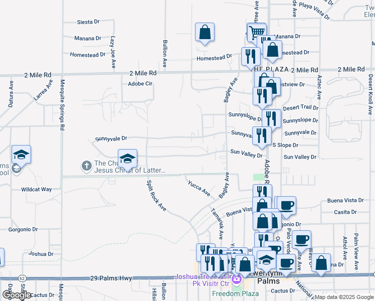 map of restaurants, bars, coffee shops, grocery stores, and more near 73394 Sun Valley Drive in Twentynine Palms