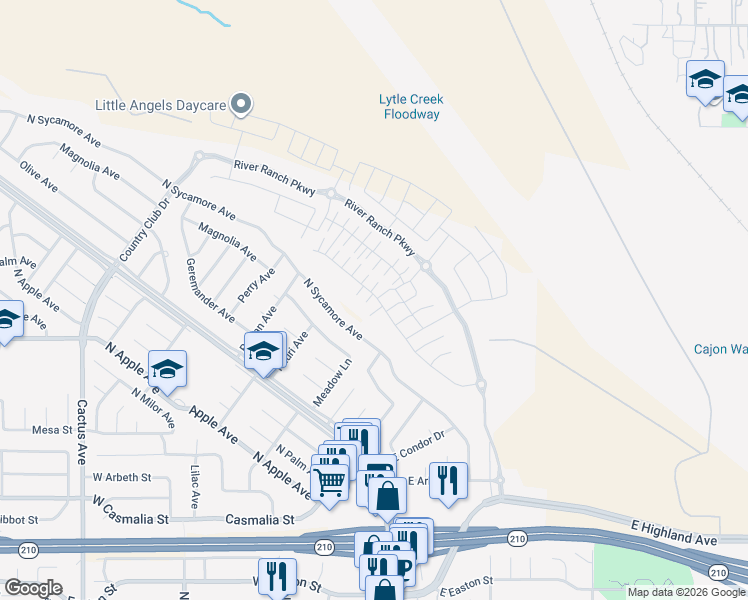 map of restaurants, bars, coffee shops, grocery stores, and more near 2436 Powell Drive in Rialto