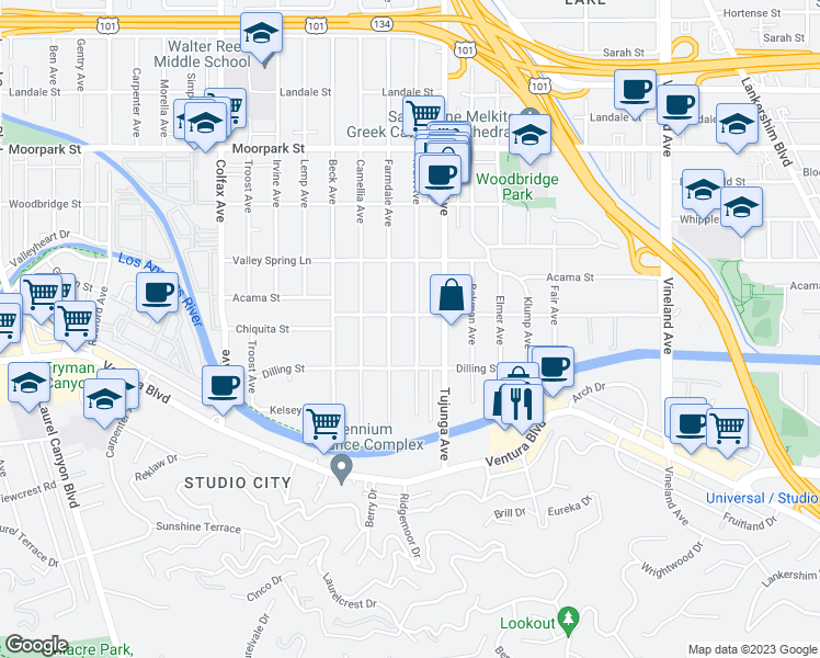 map of restaurants, bars, coffee shops, grocery stores, and more near 4171 Kraft Avenue in Los Angeles