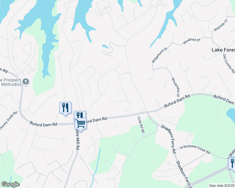 map of restaurants, bars, coffee shops, grocery stores, and more near 2371 Royal Pembroke Lane in Buford