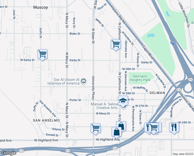 map of restaurants, bars, coffee shops, grocery stores, and more near 2655 North State Street in Muscoy
