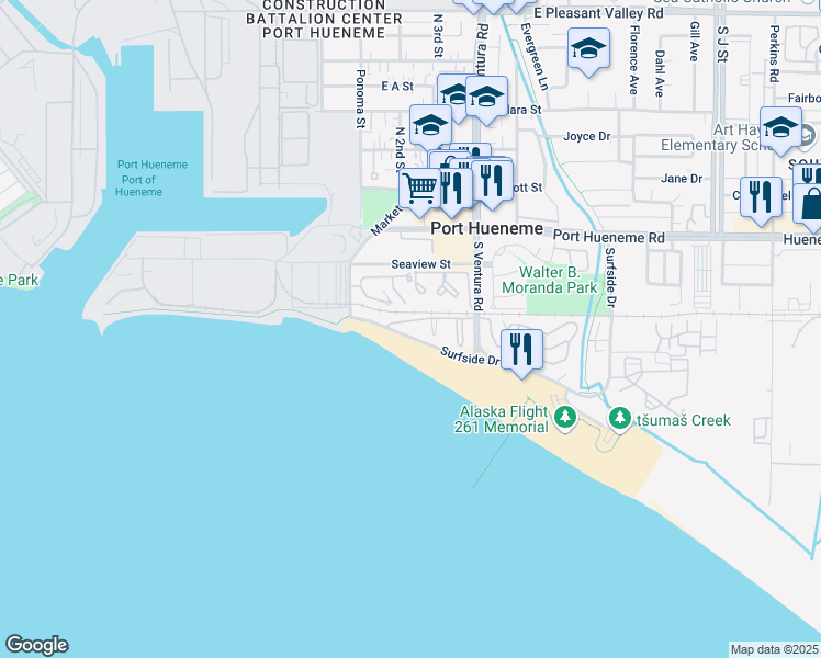 map of restaurants, bars, coffee shops, grocery stores, and more near 218 East Surfside Drive in Port Hueneme