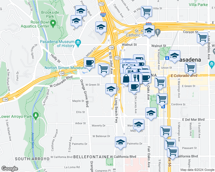 map of restaurants, bars, coffee shops, grocery stores, and more near 332 West Green Street in Pasadena