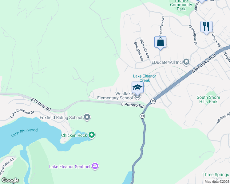 map of restaurants, bars, coffee shops, grocery stores, and more near 1647 Elmsford Place in Westlake Village