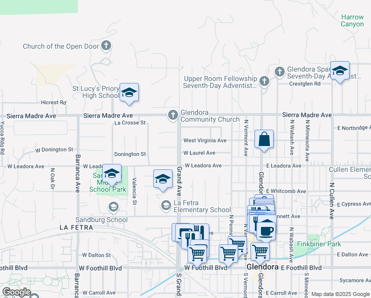 map of restaurants, bars, coffee shops, grocery stores, and more near 453 West Laurel Avenue in Glendora