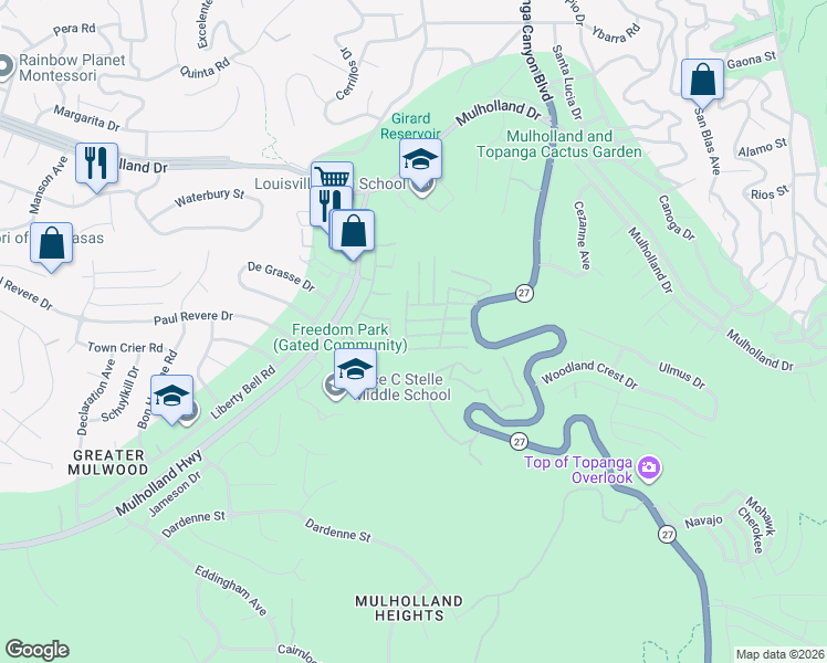 map of restaurants, bars, coffee shops, grocery stores, and more near 4201 California 27 in Los Angeles County
