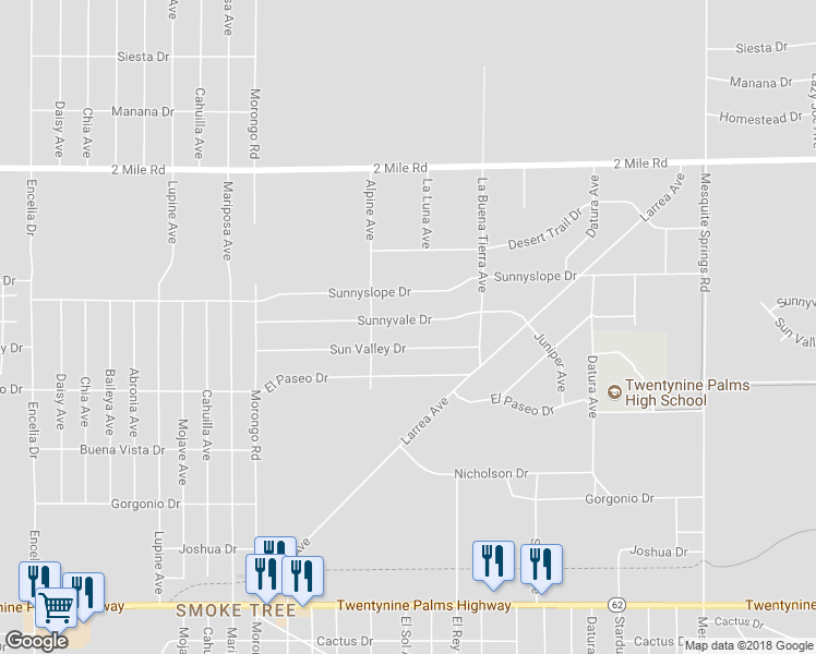 map of restaurants, bars, coffee shops, grocery stores, and more near 72369 Sunnyvale Drive in Twentynine Palms