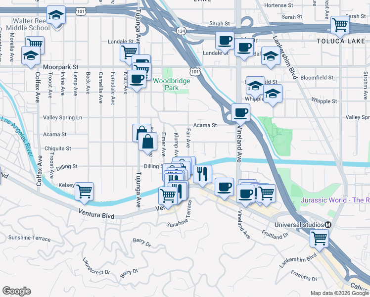 map of restaurants, bars, coffee shops, grocery stores, and more near 4176 Klump Avenue in Los Angeles