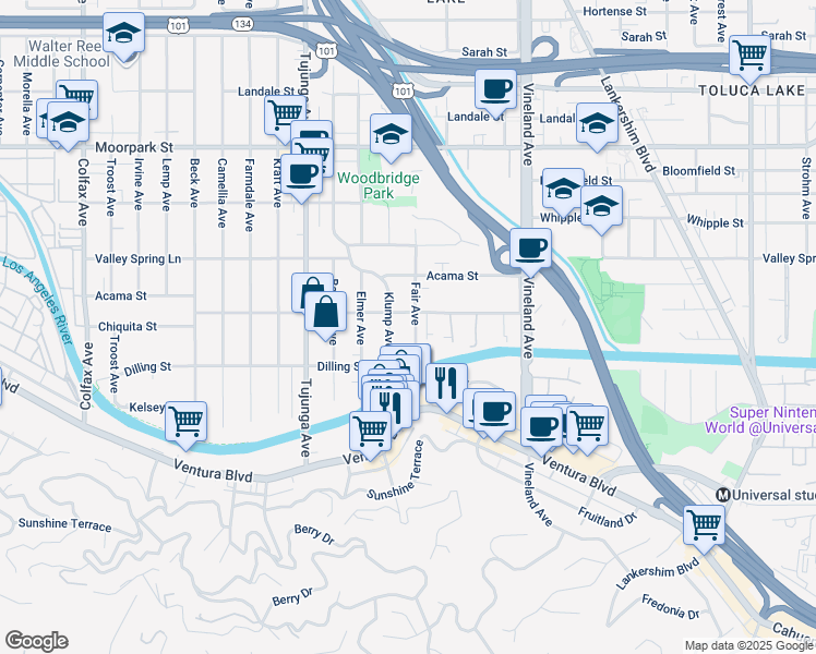 map of restaurants, bars, coffee shops, grocery stores, and more near in Los Angeles County