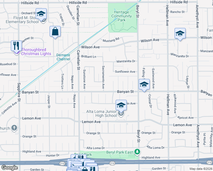map of restaurants, bars, coffee shops, grocery stores, and more near 6065 Sacramento Avenue in Rancho Cucamonga