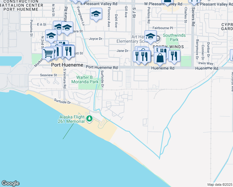 map of restaurants, bars, coffee shops, grocery stores, and more near 755 Ocean Breeze Drive in Port Hueneme