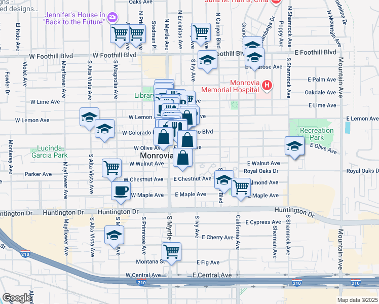 map of restaurants, bars, coffee shops, grocery stores, and more near 711 South Ivy Avenue in Monrovia