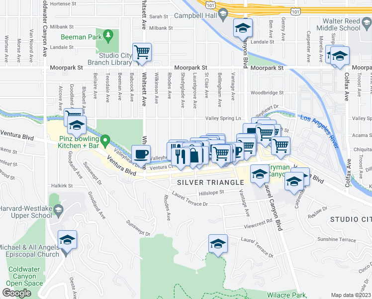 map of restaurants, bars, coffee shops, grocery stores, and more near 4052 Shadyglade Avenue in Los Angeles