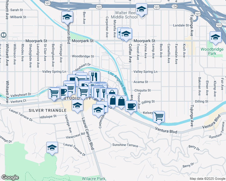 map of restaurants, bars, coffee shops, grocery stores, and more near 4024 Radford Avenue in Los Angeles