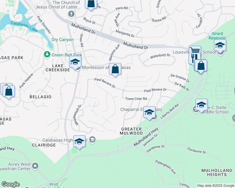 map of restaurants, bars, coffee shops, grocery stores, and more near 4134 Towhee Drive in Calabasas