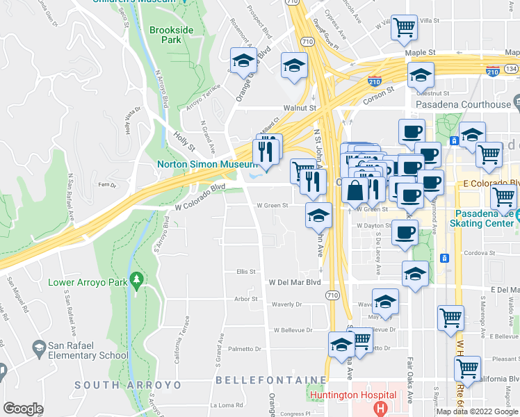 map of restaurants, bars, coffee shops, grocery stores, and more near in Pasadena