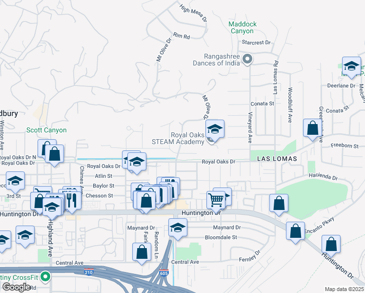 map of restaurants, bars, coffee shops, grocery stores, and more near 2304 Freeborn Street in Bradbury