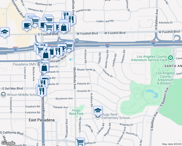 map of restaurants, bars, coffee shops, grocery stores, and more near 416 North Altura Road in Arcadia