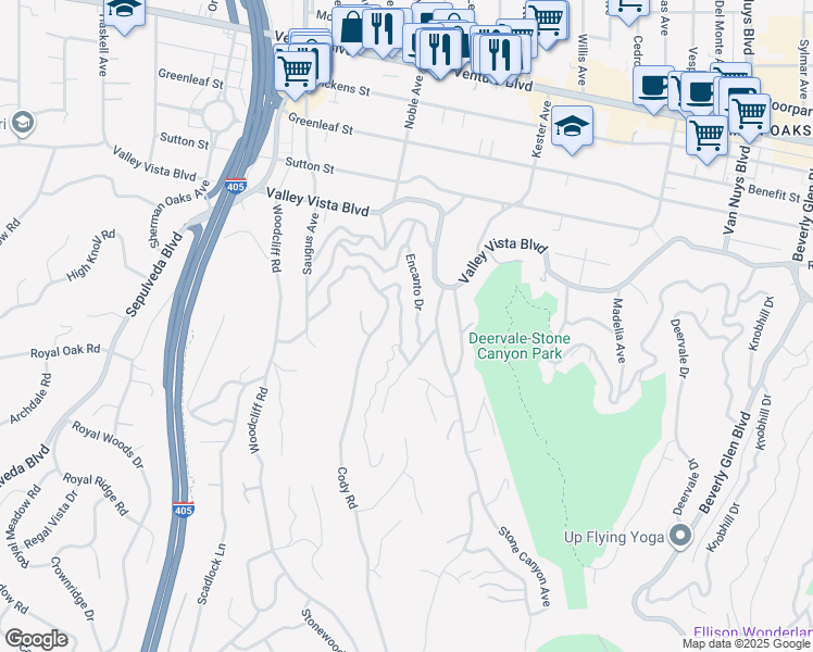 map of restaurants, bars, coffee shops, grocery stores, and more near 15047 Rayneta Drive in Los Angeles