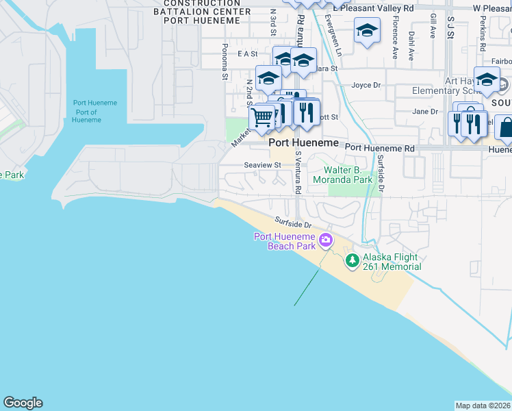 map of restaurants, bars, coffee shops, grocery stores, and more near 218 East Surfside Drive in Port Hueneme