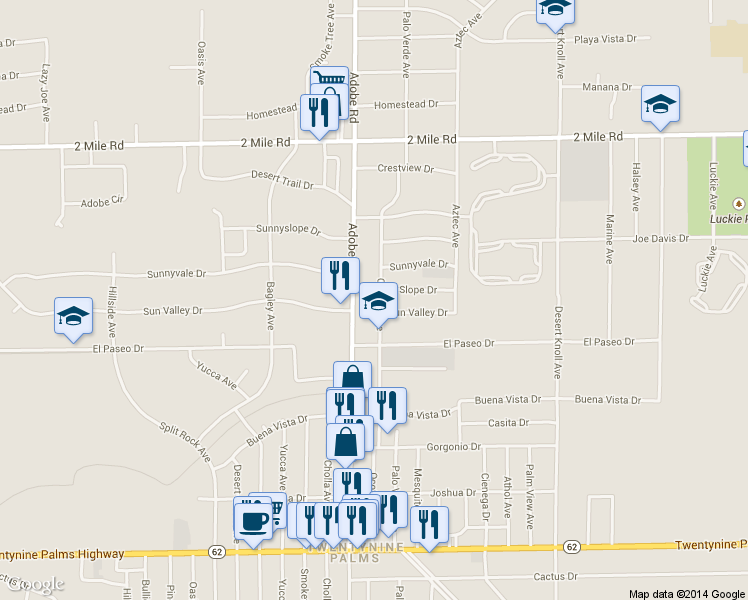 map of restaurants, bars, coffee shops, grocery stores, and more near 6010 Ocotillo Avenue in Twentynine Palms