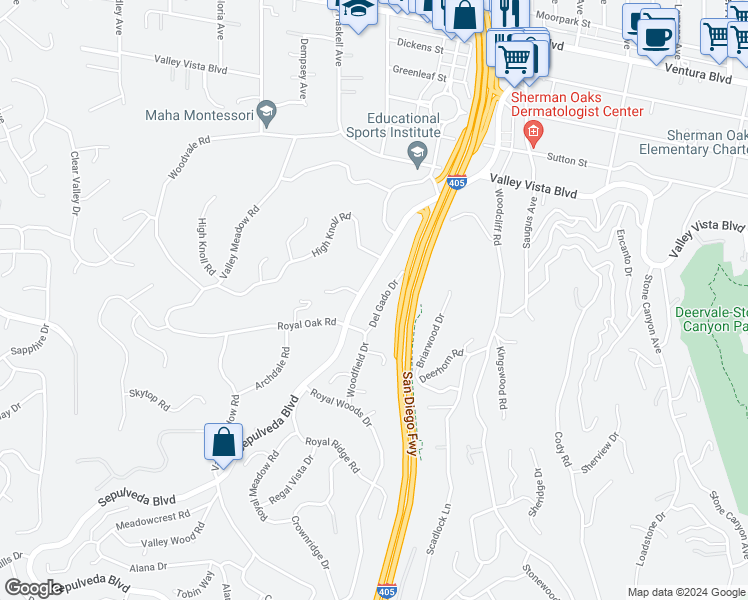 map of restaurants, bars, coffee shops, grocery stores, and more near 15515 Del Gado Drive in Los Angeles