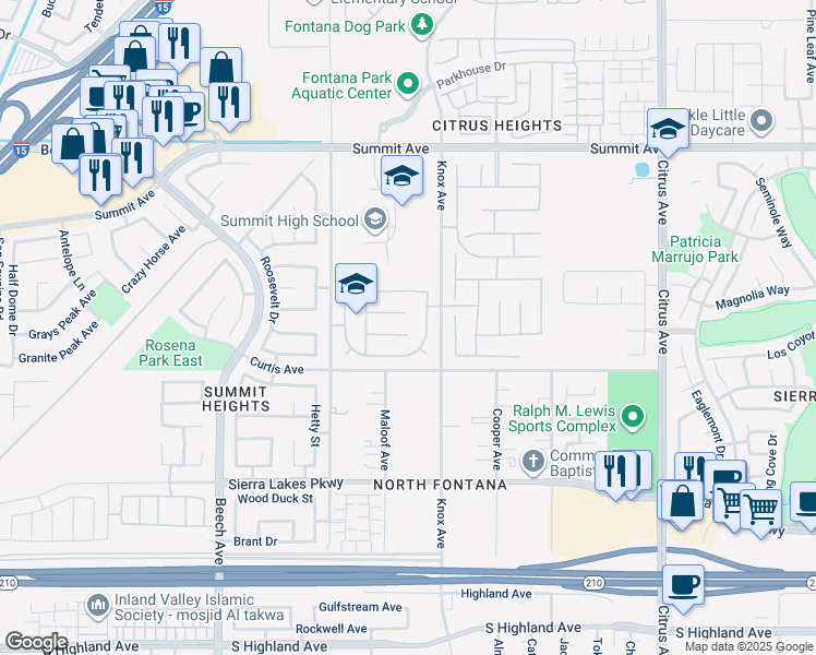 map of restaurants, bars, coffee shops, grocery stores, and more near 15640 Morgan Hill Court in Fontana