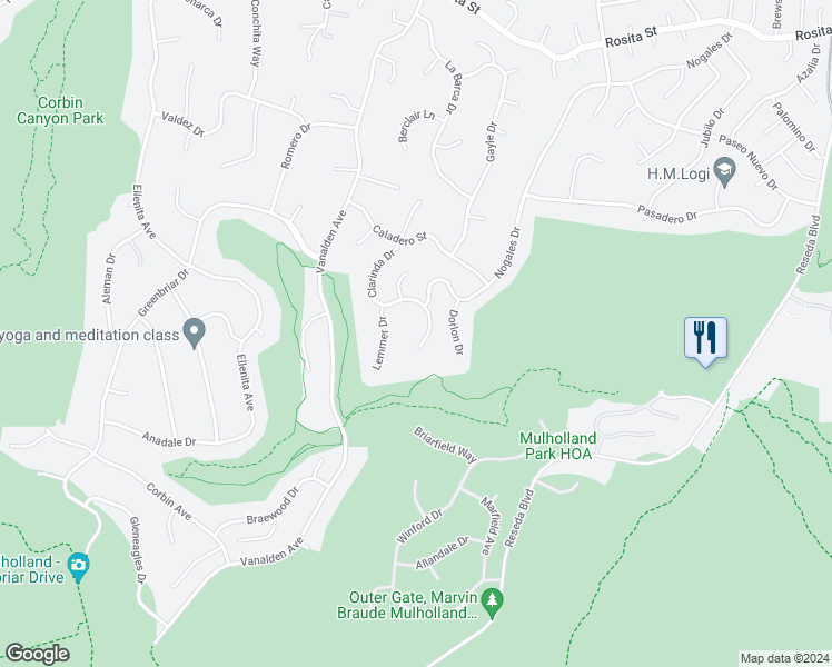 map of restaurants, bars, coffee shops, grocery stores, and more near 4015 Clarinda Drive in Los Angeles