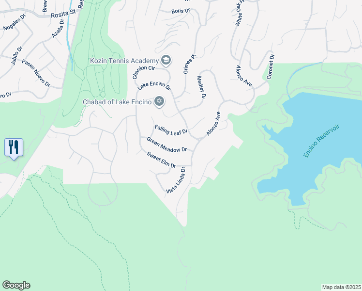 map of restaurants, bars, coffee shops, grocery stores, and more near 18049 Green Meadow Drive in Los Angeles