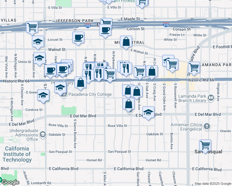 map of restaurants, bars, coffee shops, grocery stores, and more near 80 South Parkwood Avenue in Pasadena
