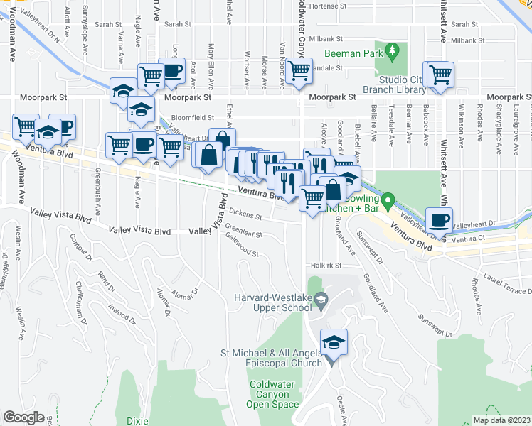 map of restaurants, bars, coffee shops, grocery stores, and more near 13007 Dickens St in North Hollywood