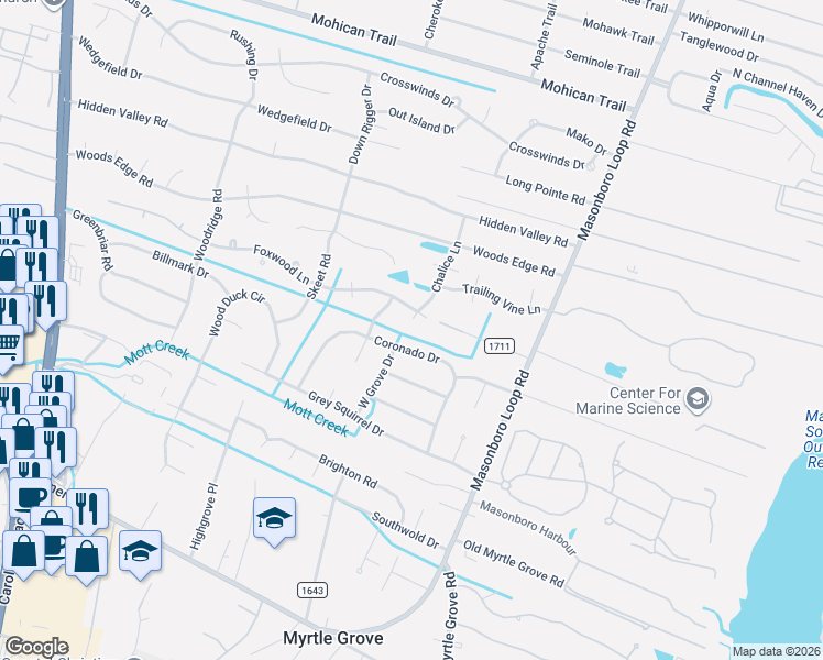 map of restaurants, bars, coffee shops, grocery stores, and more near 5117 Chalice Lane in Wilmington