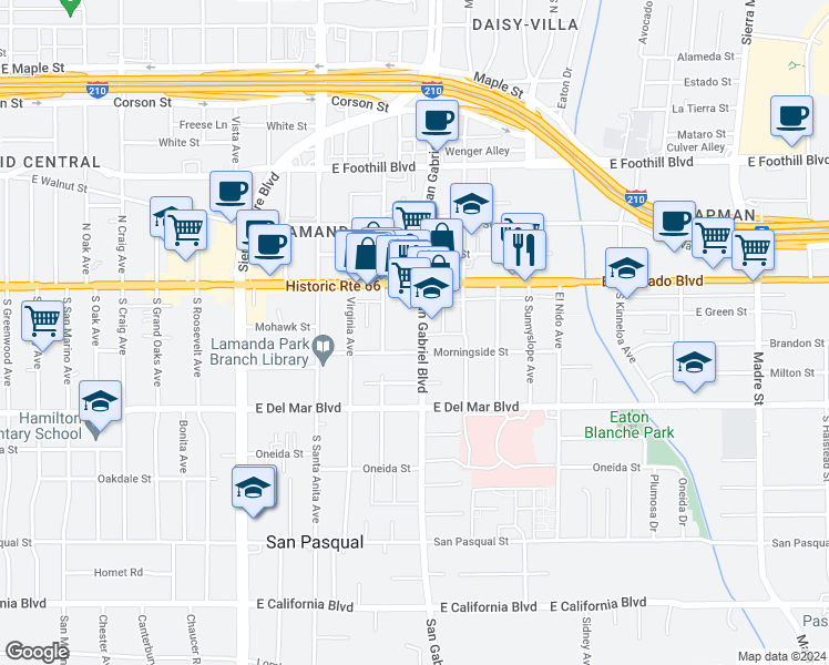 map of restaurants, bars, coffee shops, grocery stores, and more near 91 South San Gabriel Boulevard in Pasadena