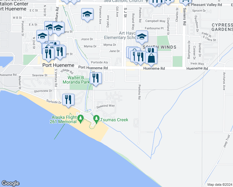 map of restaurants, bars, coffee shops, grocery stores, and more near 771 Ocean Breeze Drive in Port Hueneme
