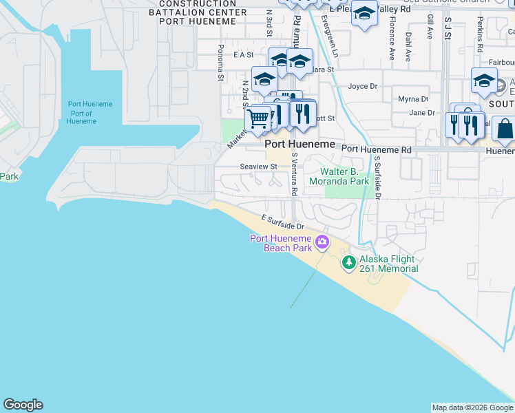 map of restaurants, bars, coffee shops, grocery stores, and more near 262 East Surfside Drive in Port Hueneme
