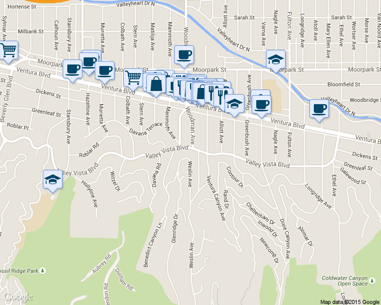 map of restaurants, bars, coffee shops, grocery stores, and more near 13646 Valley Vista Boulevard in Los Angeles