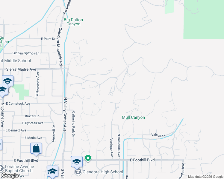 map of restaurants, bars, coffee shops, grocery stores, and more near 1912 Bluebird Road in Glendora