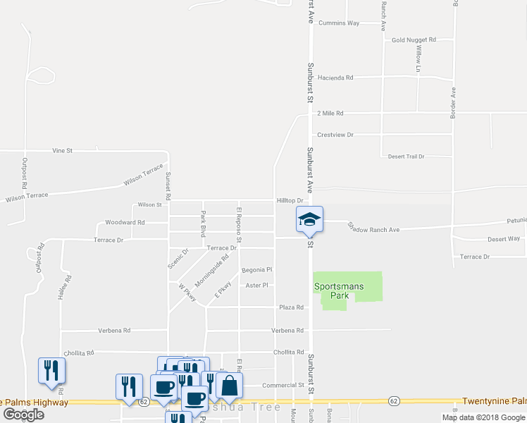 map of restaurants, bars, coffee shops, grocery stores, and more near 61968 Petunia Drive in Joshua Tree