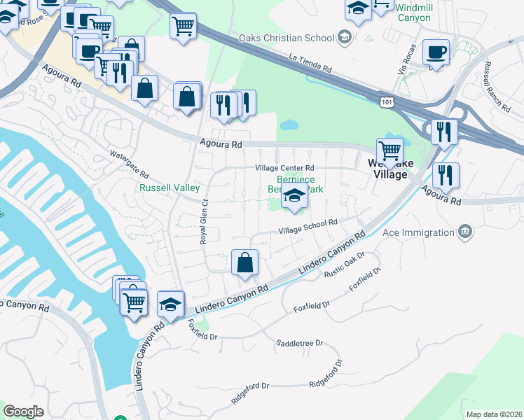 map of restaurants, bars, coffee shops, grocery stores, and more near 4312 Crownfield Ct in Westlake Village