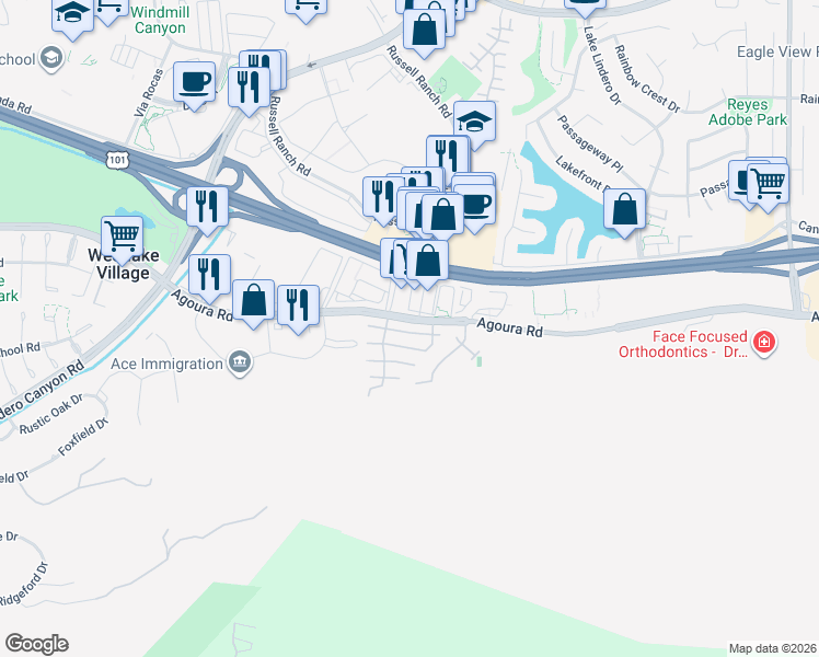 map of restaurants, bars, coffee shops, grocery stores, and more near 30966 Minute Man Way in Westlake Village