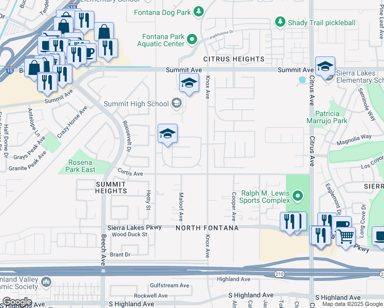 map of restaurants, bars, coffee shops, grocery stores, and more near 15640 Morgan Hill Court in Fontana