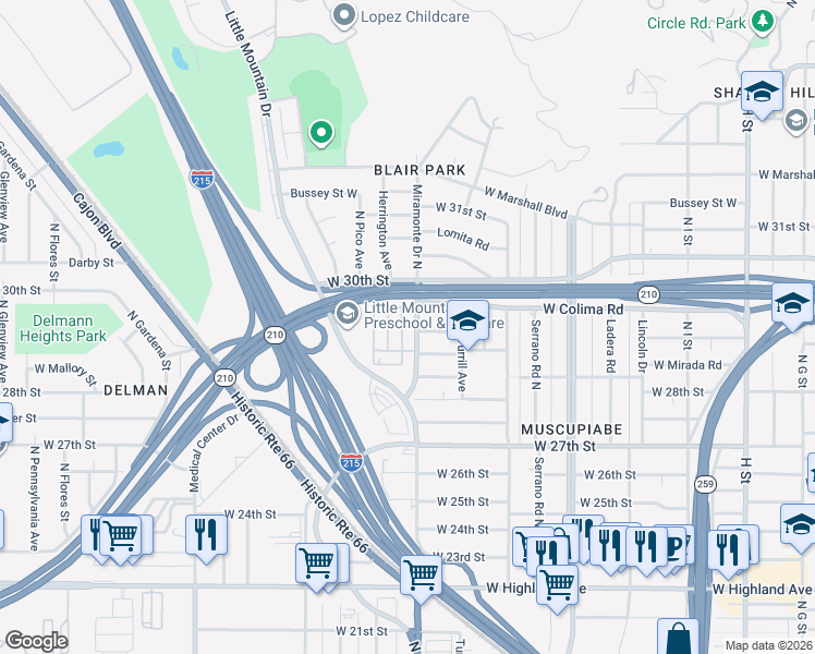 map of restaurants, bars, coffee shops, grocery stores, and more near 2894 Miramonte Drive North in San Bernardino