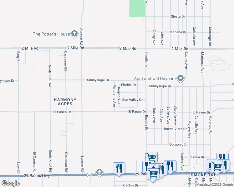 map of restaurants, bars, coffee shops, grocery stores, and more near 5926 Regino Avenue in Twentynine Palms