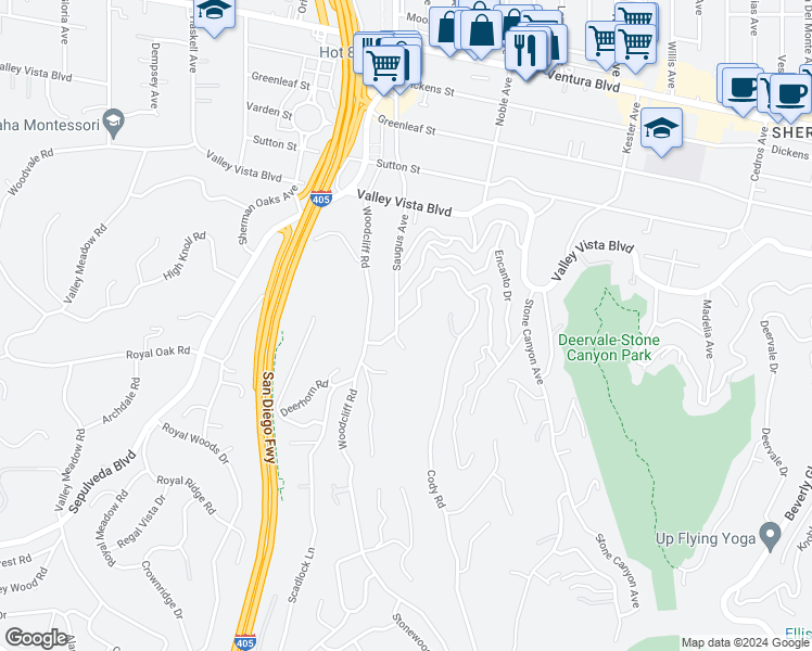map of restaurants, bars, coffee shops, grocery stores, and more near 15284 Rayneta Drive in Los Angeles