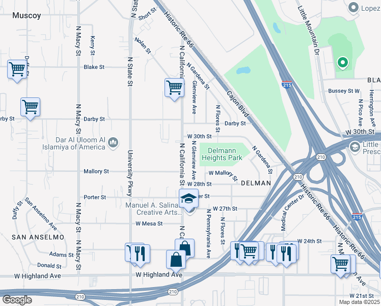 map of restaurants, bars, coffee shops, grocery stores, and more near 2925 Glenview Avenue in San Bernardino