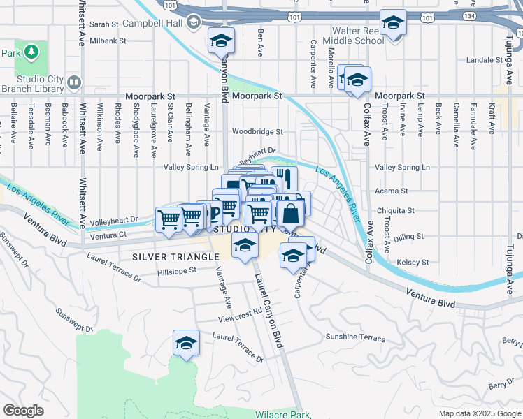 map of restaurants, bars, coffee shops, grocery stores, and more near 12047 Ventura Place in Los Angeles