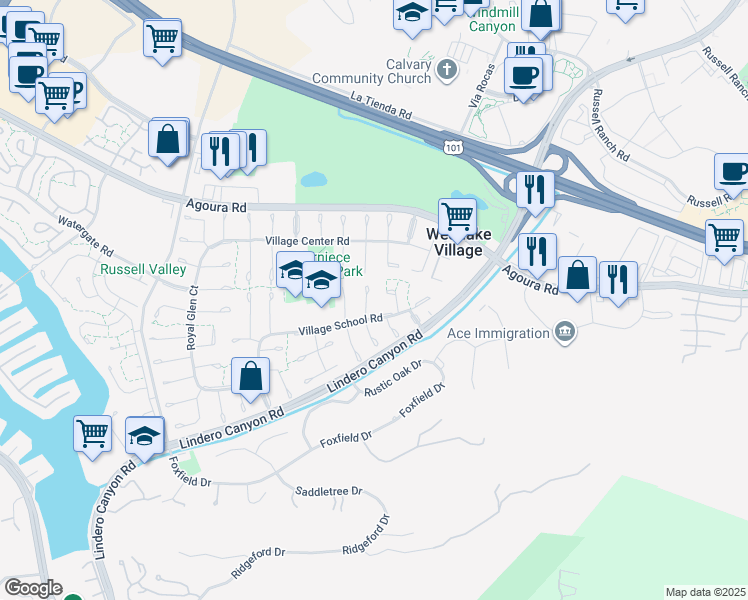 map of restaurants, bars, coffee shops, grocery stores, and more near 4373 Deerpark Court in Westlake Village