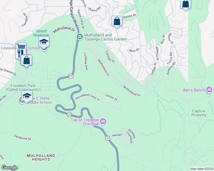 map of restaurants, bars, coffee shops, grocery stores, and more near 21444 Picasso Place in Los Angeles