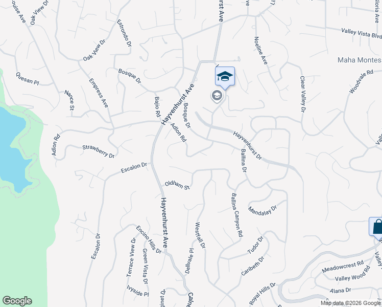 map of restaurants, bars, coffee shops, grocery stores, and more near 16561 Adlon Road in Los Angeles
