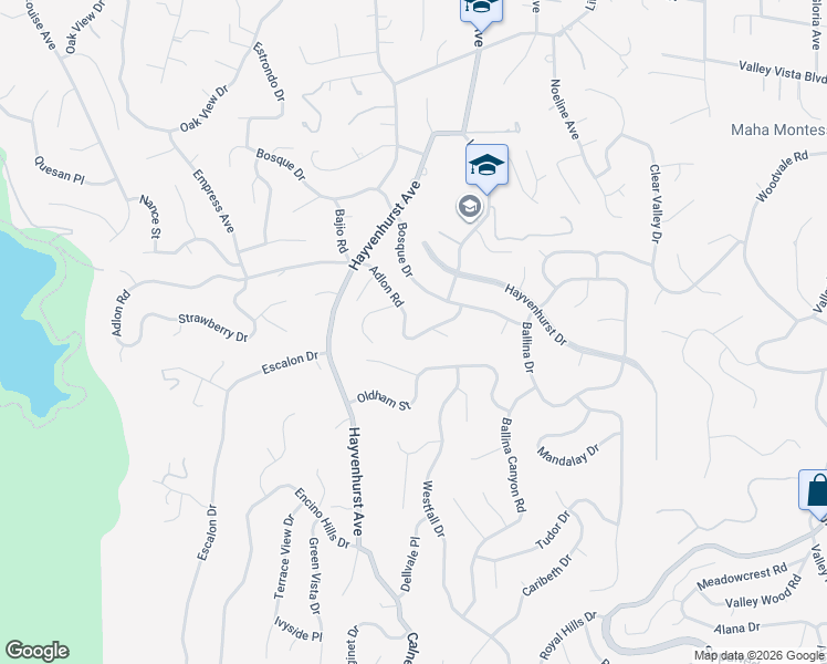 map of restaurants, bars, coffee shops, grocery stores, and more near 16570 Adlon Road in Los Angeles